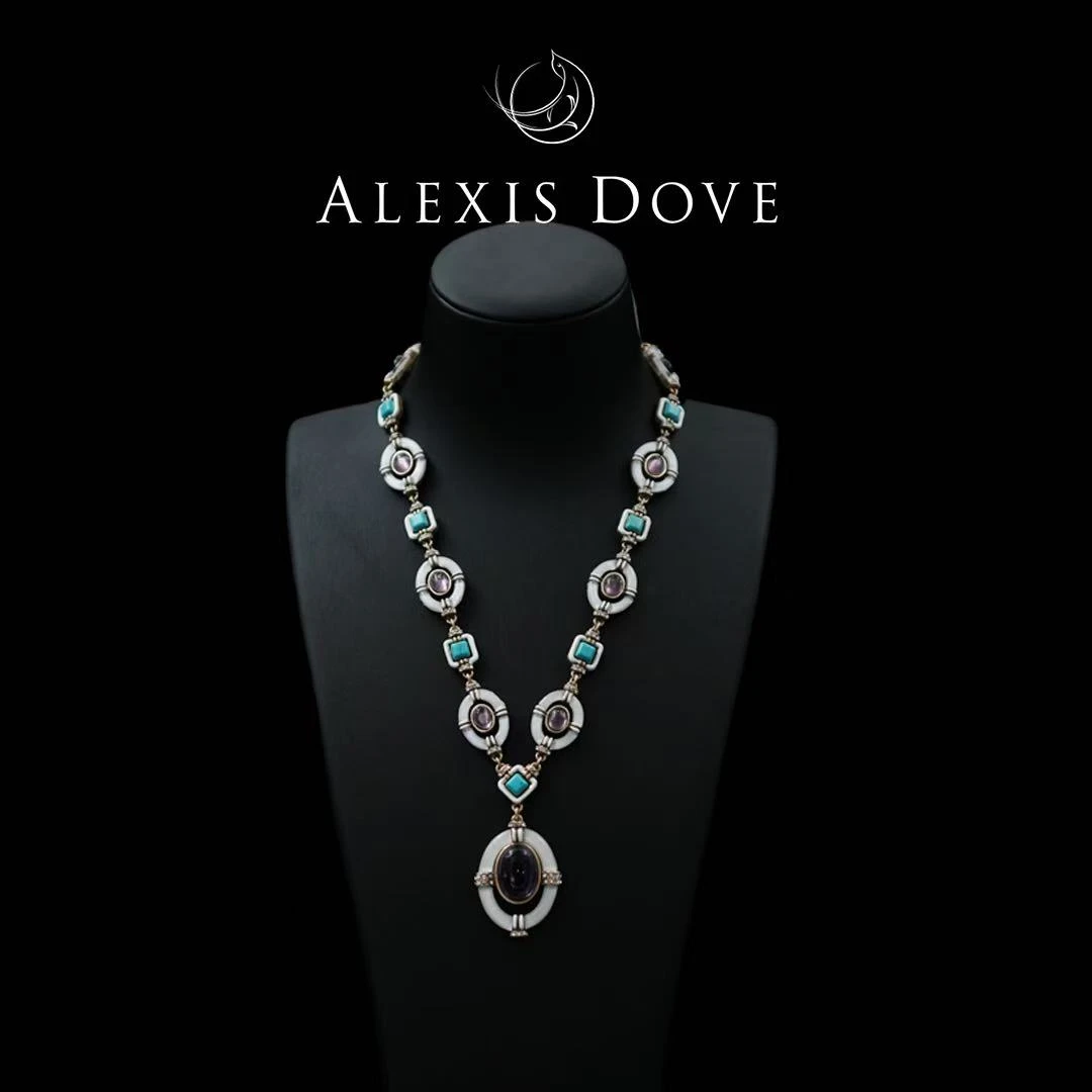 铜合金合成锆石项链 复古重工几何贝壳项链【乐亿】