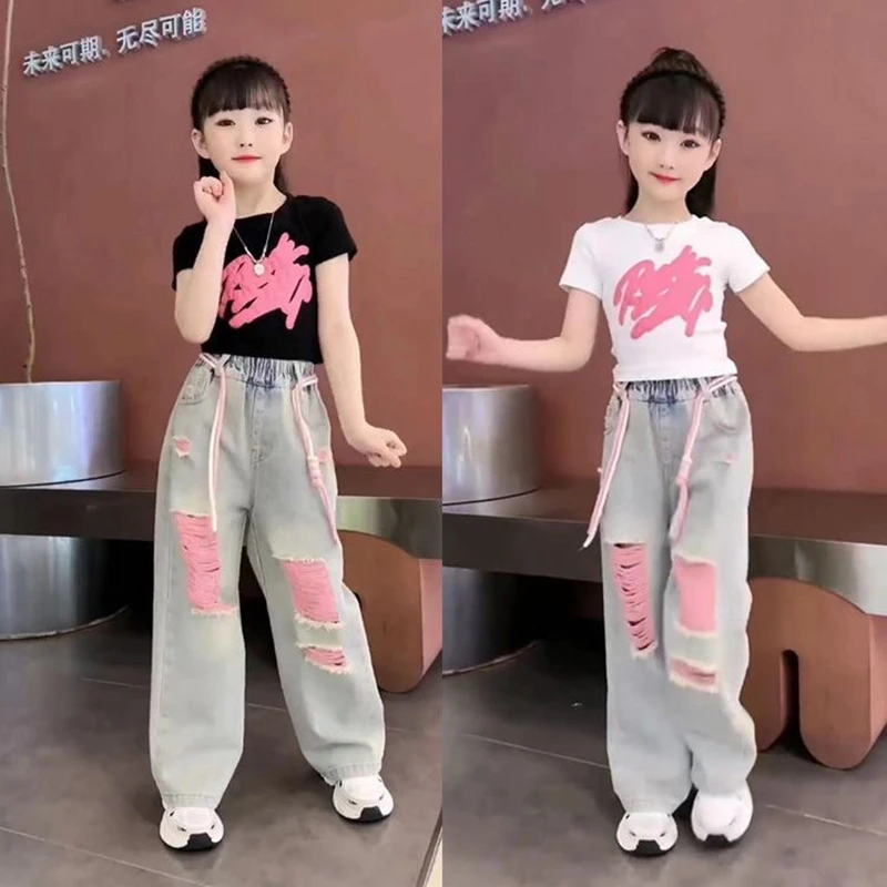 女童夏季短袖裤子2025新款儿童装洋气春季破洞牛仔裤大童短裤套装