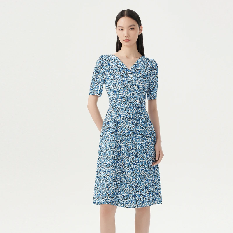 LANCY/朗姿收腰显瘦短袖连衣裙女V领中长款印花裙女装连衣裙度假