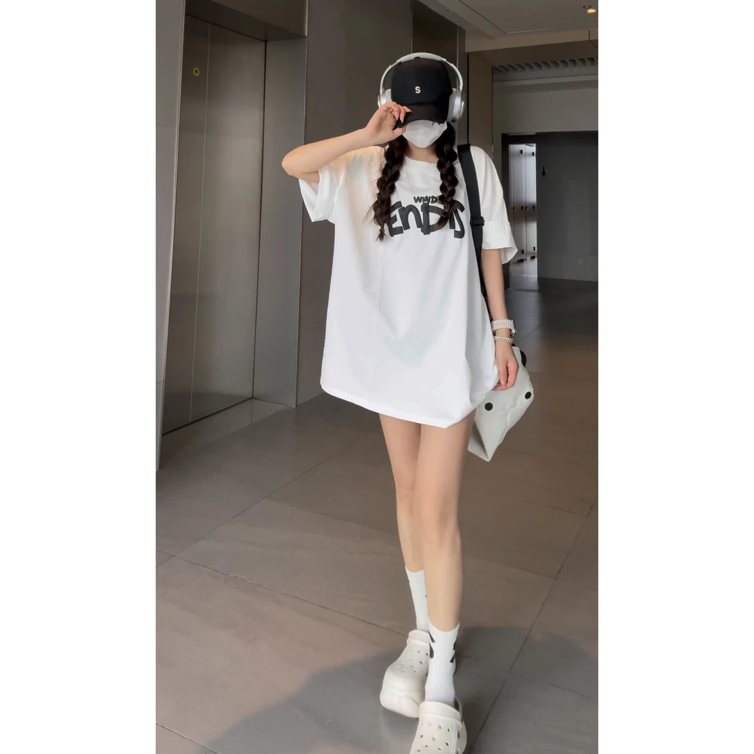 白色t恤女短袖2025新款夏季印花宽松半袖纯棉打底衫半袖内搭上衣