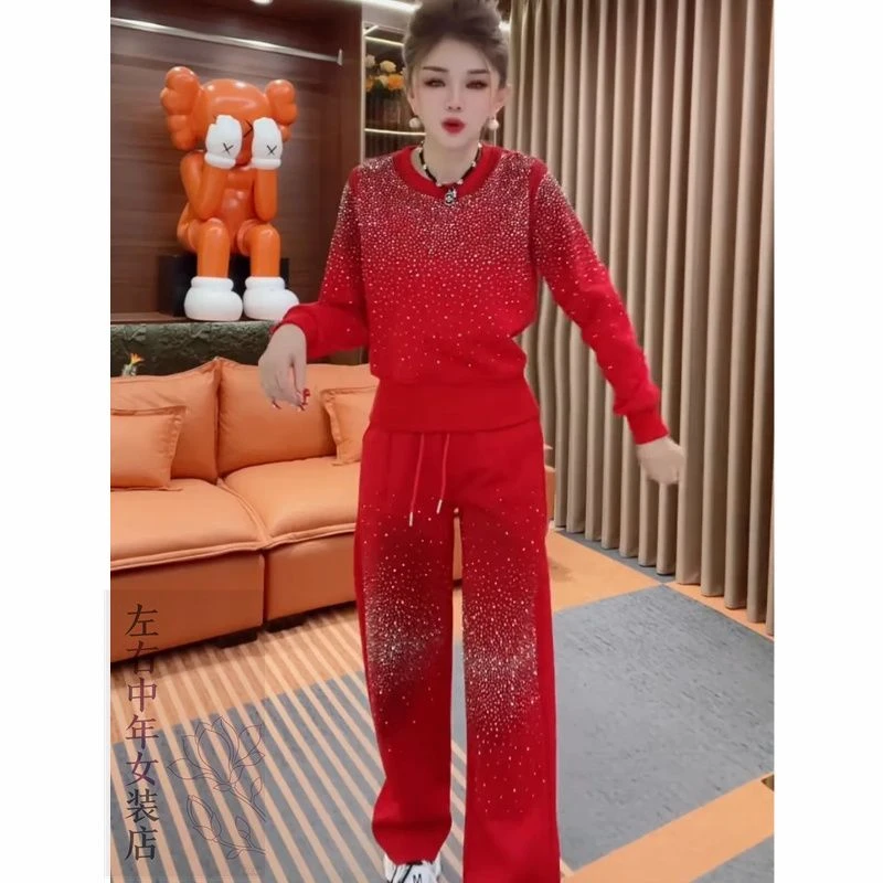 秋冬新款加绒加厚欧货重工满钻圆领卫衣高腰直筒阔腿裤卫裤两件套