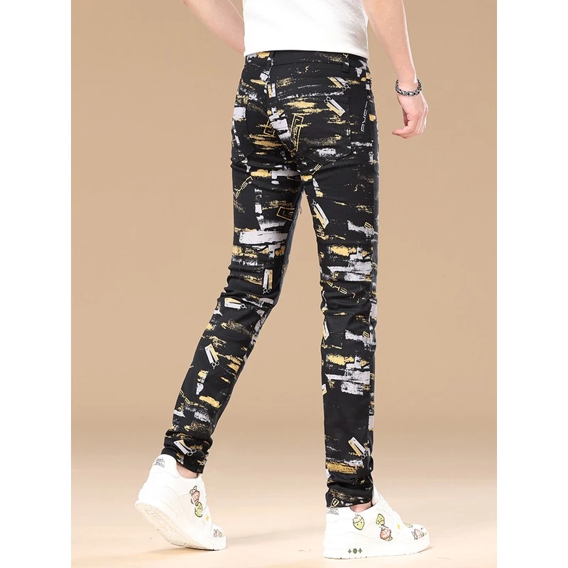 男士牛仔裤2025春秋新款修身小脚薄款弹力高端时尚潮流印花长裤子