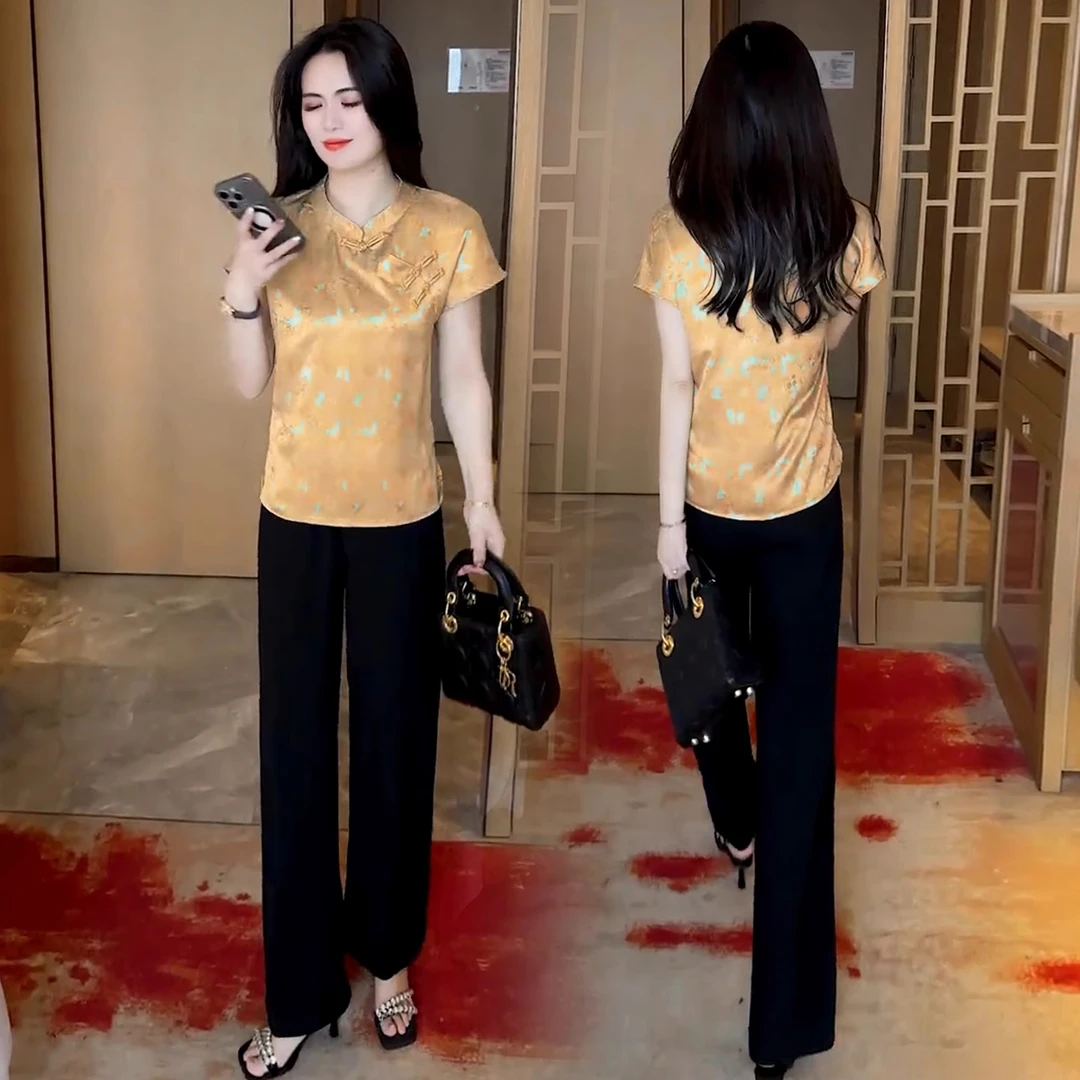 时尚短袖夏季新中式薄款国风盘扣女装斜襟设计感短袖上衣