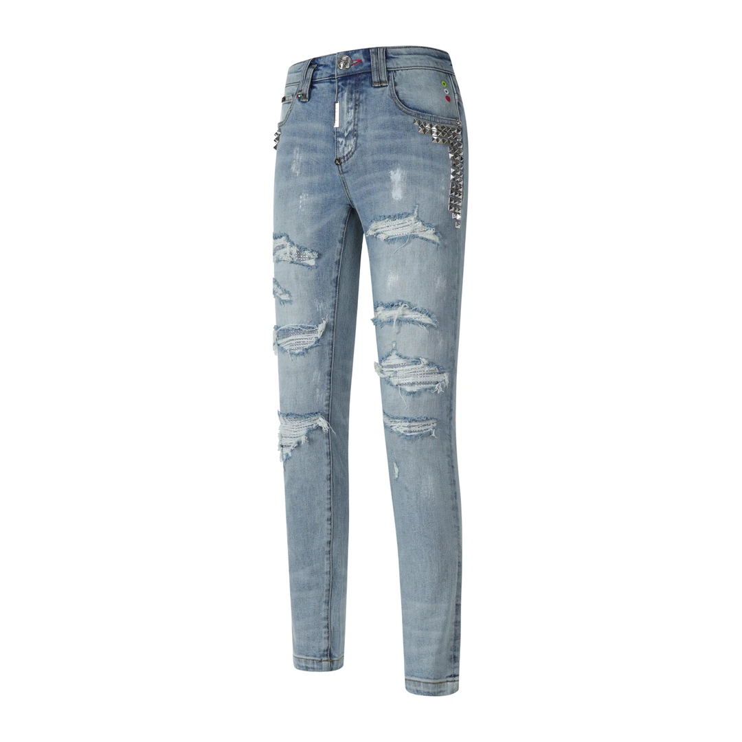 PRATHIKPLEIN【海韵双七】夏季薄款碎冰蓝铆钉男士高奢直筒牛仔裤