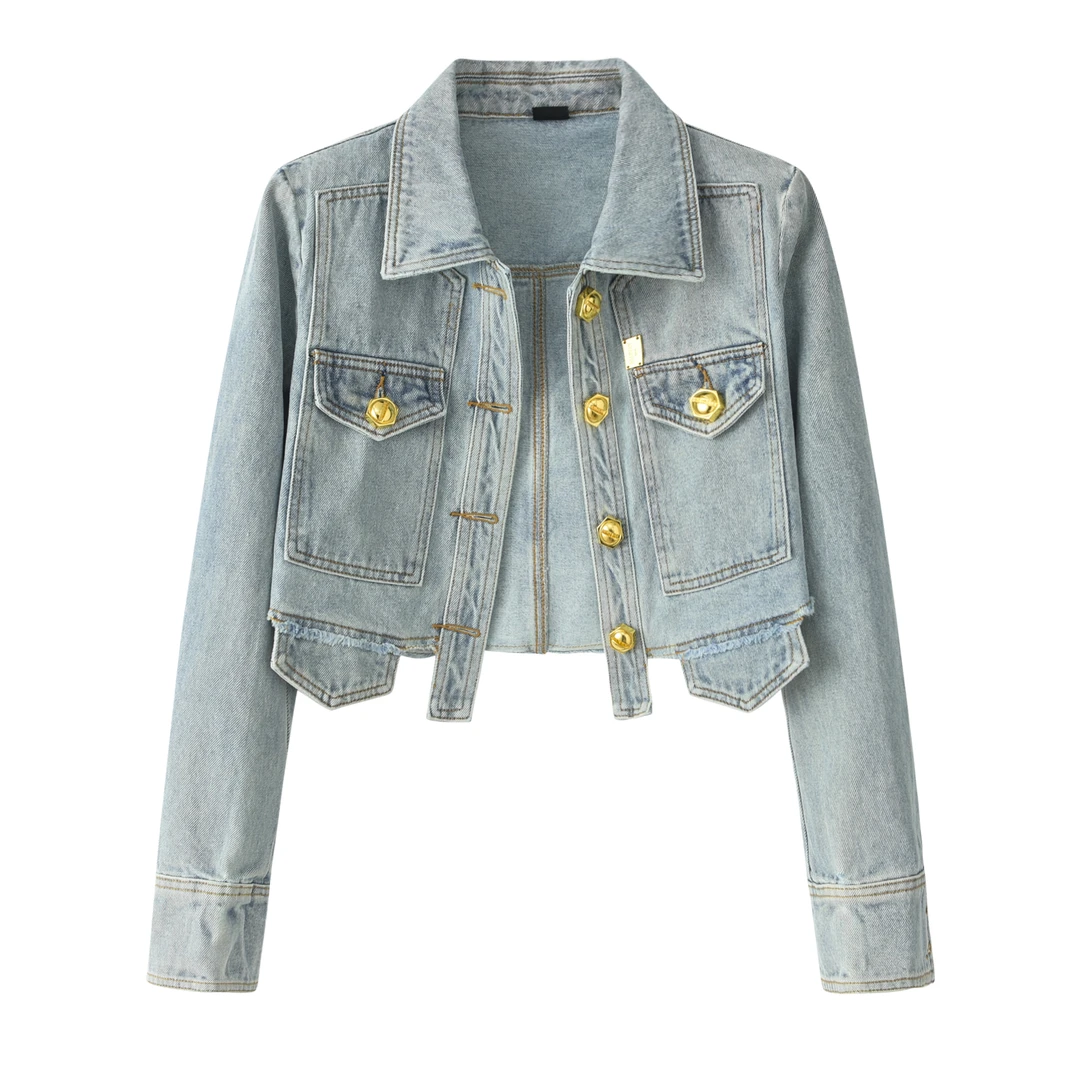 热号高街翻领毛边牛仔外套时尚休闲新款上衣HH3001