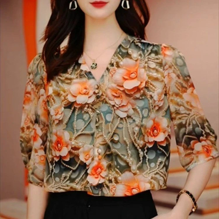 58-夏季3D立领植物花卉薄款宽松显瘦衬衫时尚七分袖休闲风