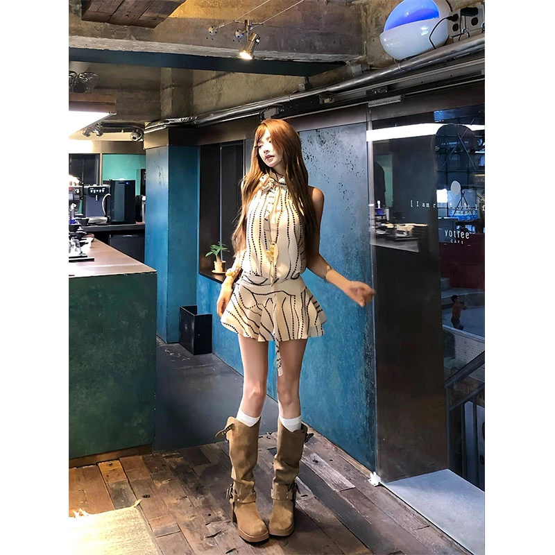 2025夏季度假风修身显瘦小众设计感无袖波点印花小个子辣妹连衣裙