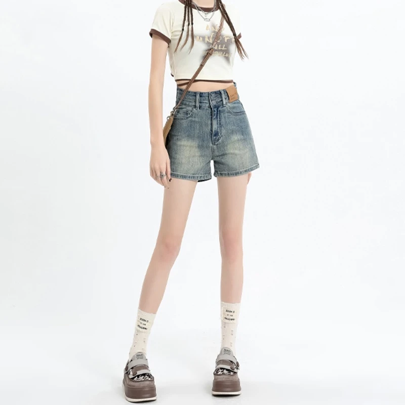 黄泥色美式辣妹牛仔短裤女2025夏季薄款高腰显瘦宽松阔腿a字热裤