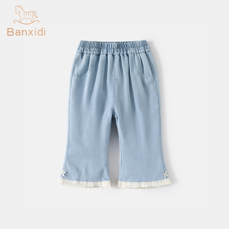 班喜迪女童裤子夏薄款新款宝宝冰丝牛仔裤童装儿童喇叭九分裤夏装