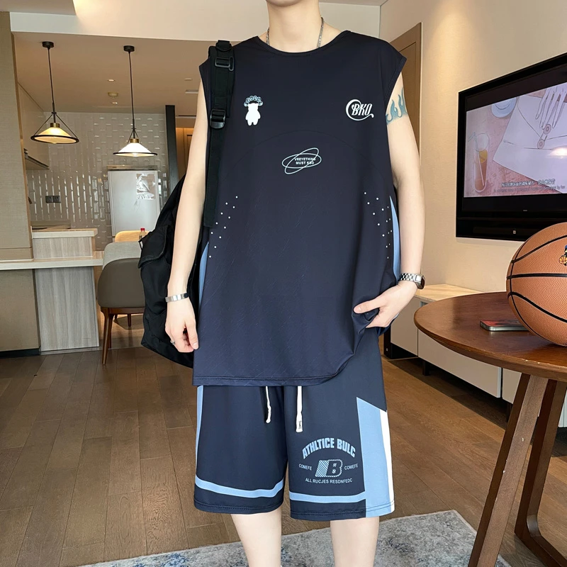 夏季新款青少年背心篮球服套装男孩中学生冰丝速干薄款无袖短裤潮