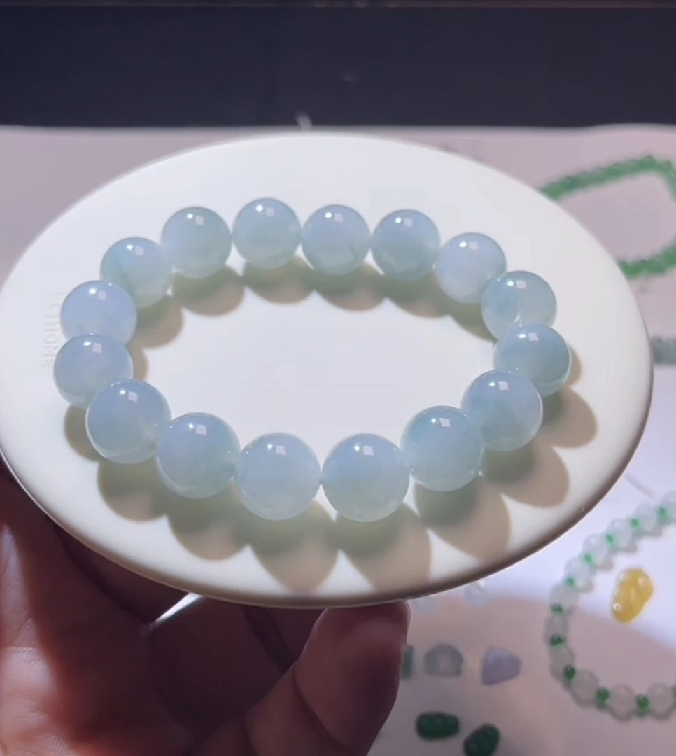 翡翠珠串蓝底色卡12mm大串