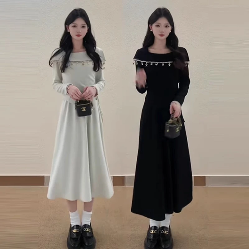 大码法式假两件连衣裙女秋冬胖mm显瘦方领设计感小众收腰气质裙子