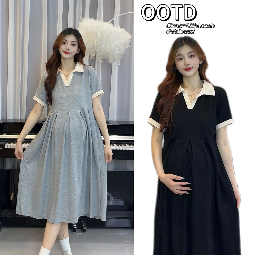【嗒嗒】小个子2025新款夏季孕妇装宽松遮肚翻领孕妇连衣裙V领