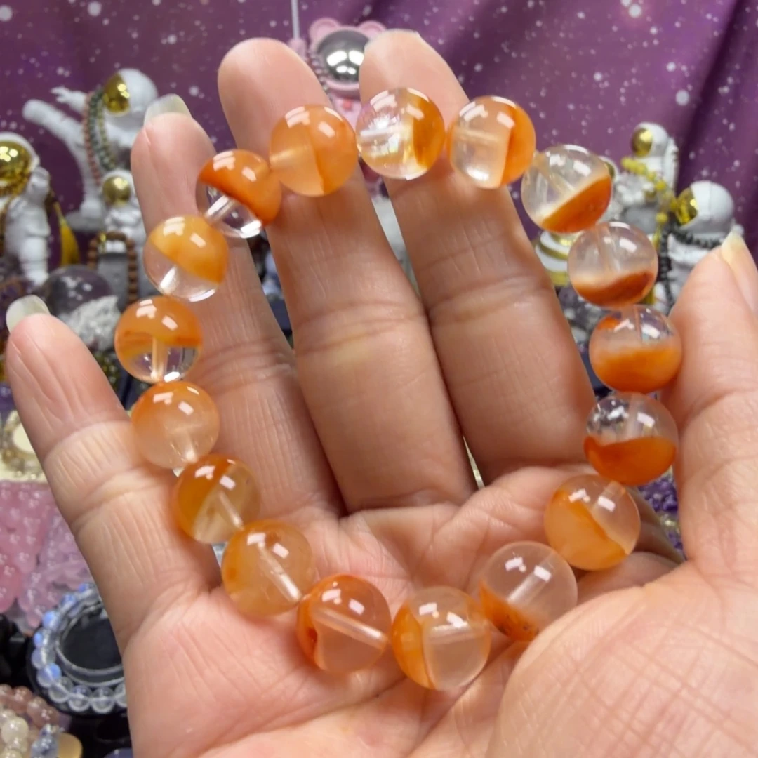 水晶未镶嵌手串橘红色兔毛半盆水晶手串