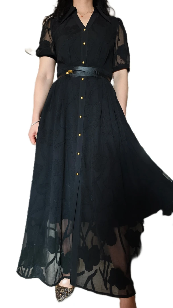 气质修身拼接复古通勤短袖连衣裙优雅收腰设计