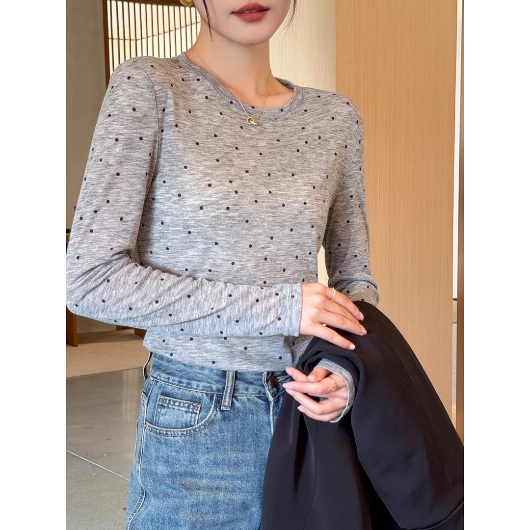 灰色波点打底衫女内搭秋冬2025新款高级感长袖t恤圆领上衣可外穿