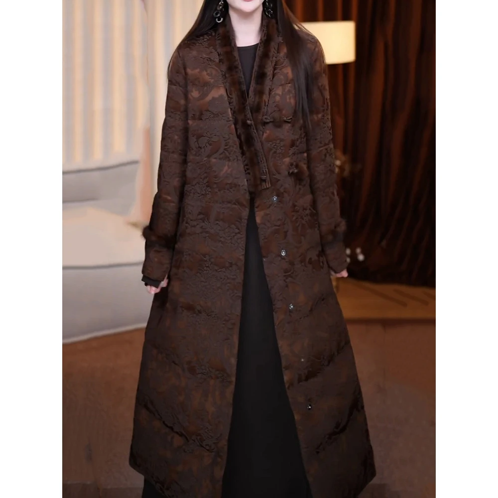 优雅贵夫人高级感长款棉服女2026冬季新款复古文艺风印花加厚外套