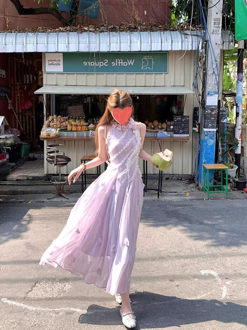 紫色长款挂脖吊带连衣裙女夏季法师复古修身显瘦气质裙子