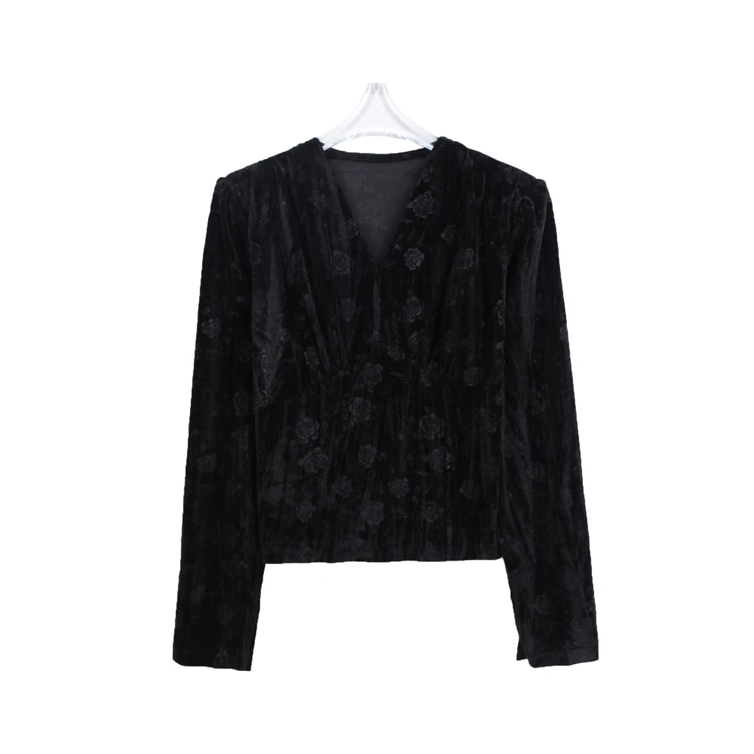 轻奢复古暗纹玫瑰印花交叉设计长袖T恤C41002