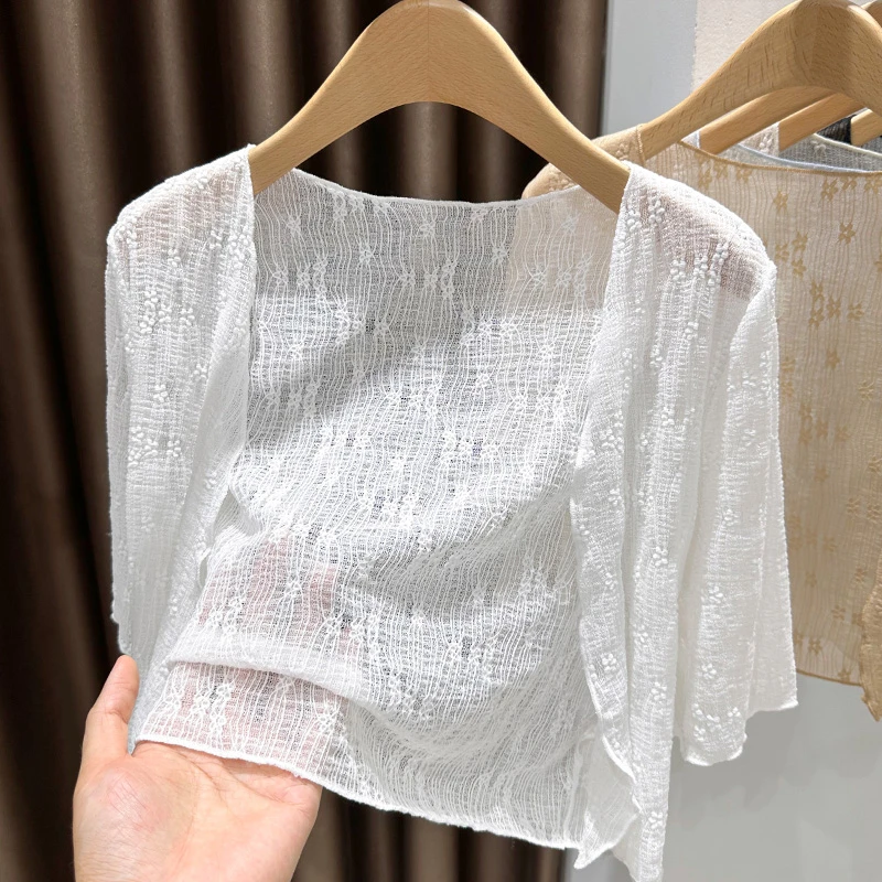 白色勾花镂空蕾丝小披肩女夏季冰丝网纱短袖防晒外搭配裙子短开衫