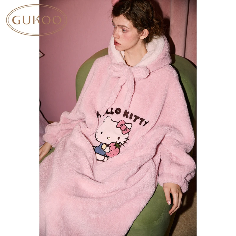 【Gukoo果壳】HelloKitty冬季北极绒连帽睡裙中长款宽松保暖卡通