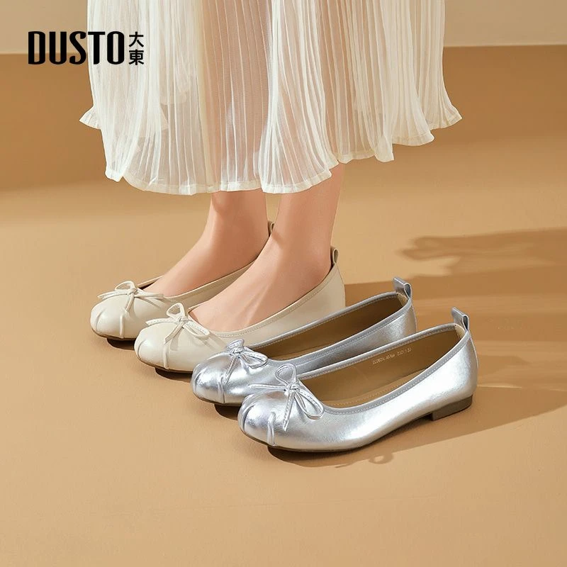 大东2025秋季新款法式单鞋女鞋中式平底蝴蝶结银色软底浅口鞋3076
