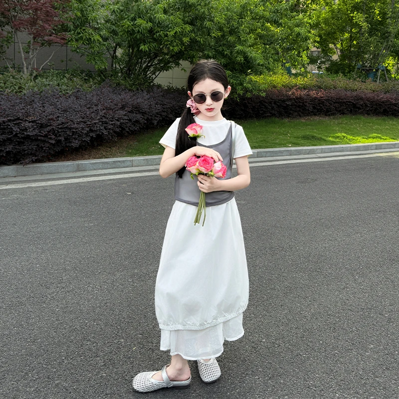 女童夏季套装2025新款儿童时髦洋气休闲夏装短袖T恤半身裙两件套