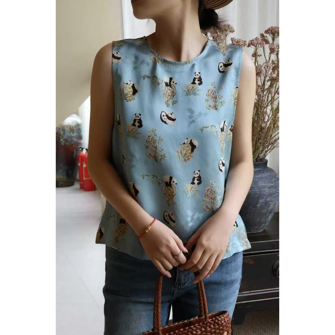 Mozch 真丝香云工艺熊猫宝宝印花趣味减龄衬衫M88