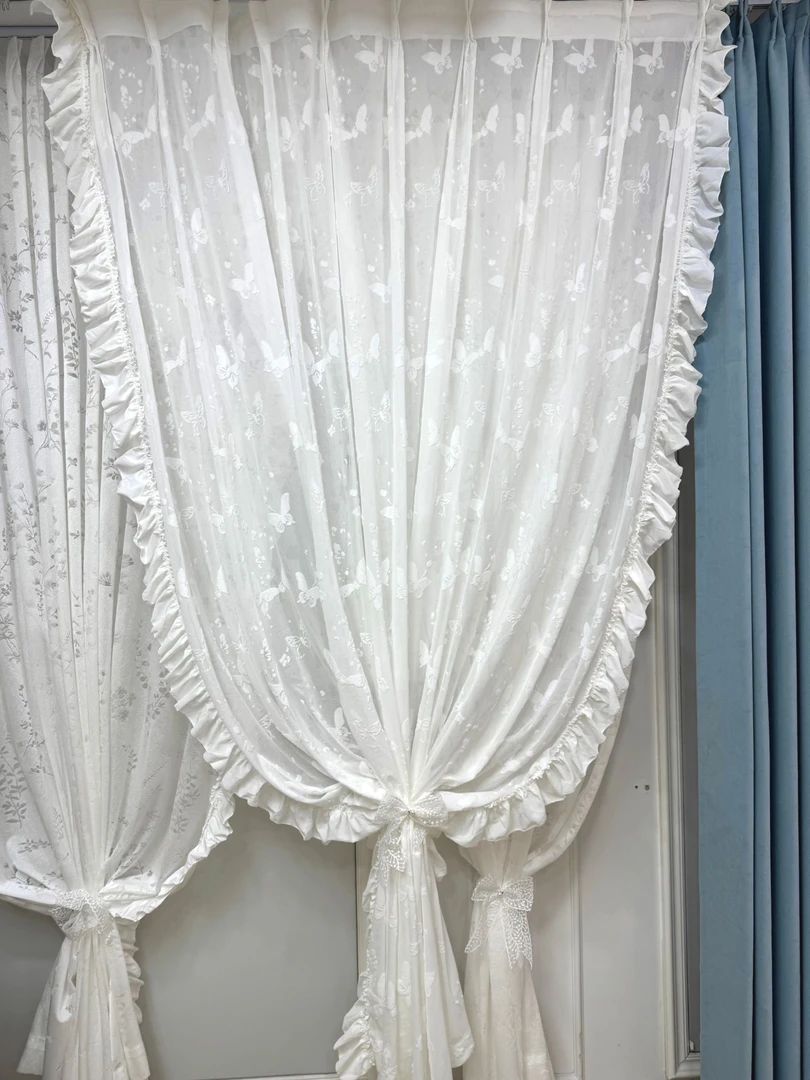 羊绒浮雕小蝴蝶纱帘 植绒提花 带双宽花边氛围感十足阳台客厅房间