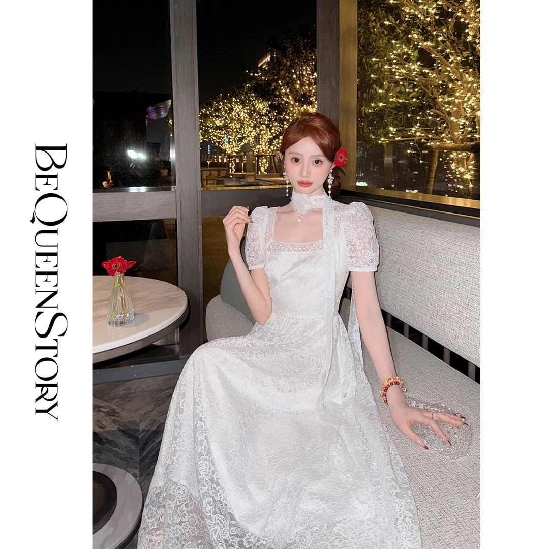 韩韩IU【温柔天使】2025新款高定镂空蕾丝手工花朵欧若风连衣裙