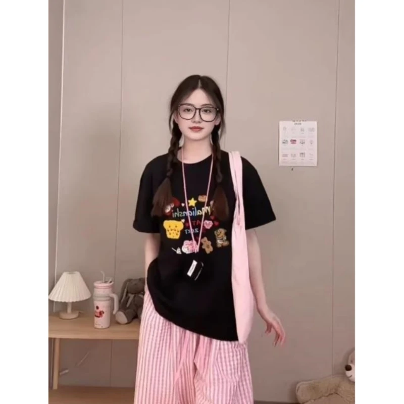 大码胖mm设计感印花宽松短袖t恤女夏季新款遮肉显瘦休闲百搭上衣