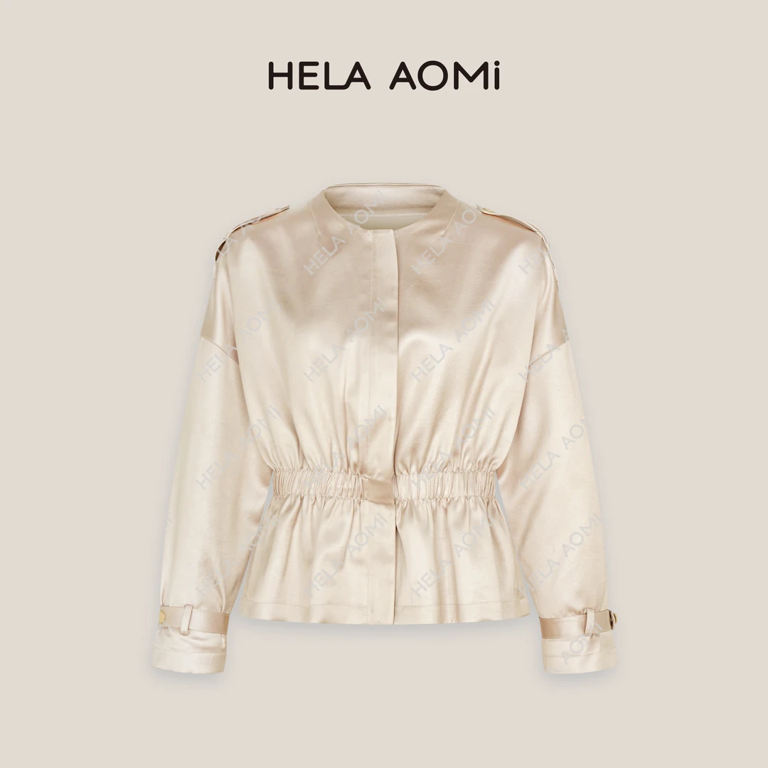 HELA AOMI“醋酯收腰风衣”气质褶皱设计感圆领短外套CY5AM00551