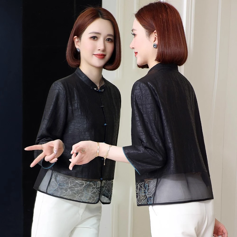 桑蚕丝上衣女夏2025国风改良唐装外套七分袖真丝香云纱夏季妈妈装