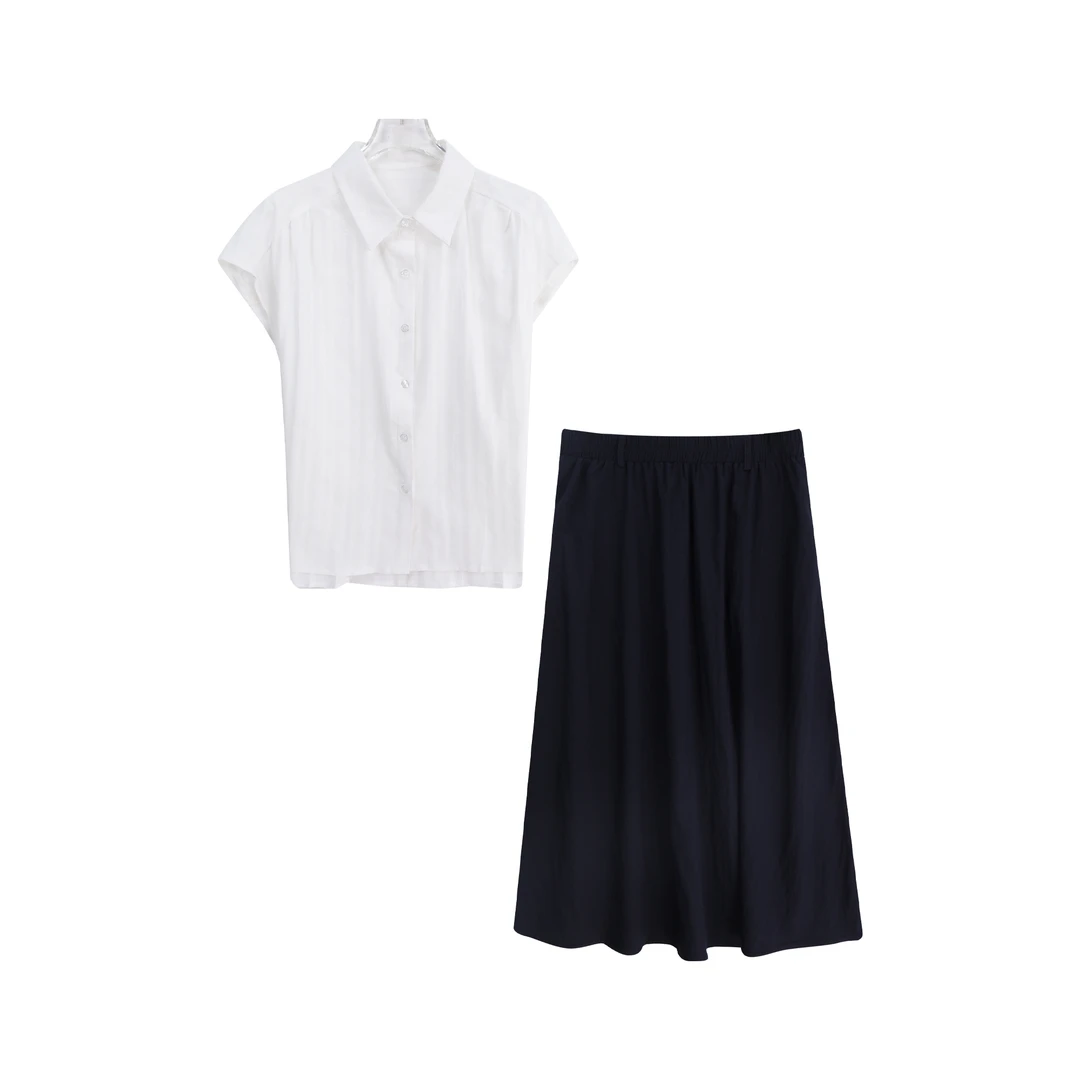 S夏季气质百搭翻领无袖衬衫宽松显瘦半身裙两件套A14560（赠腰带）