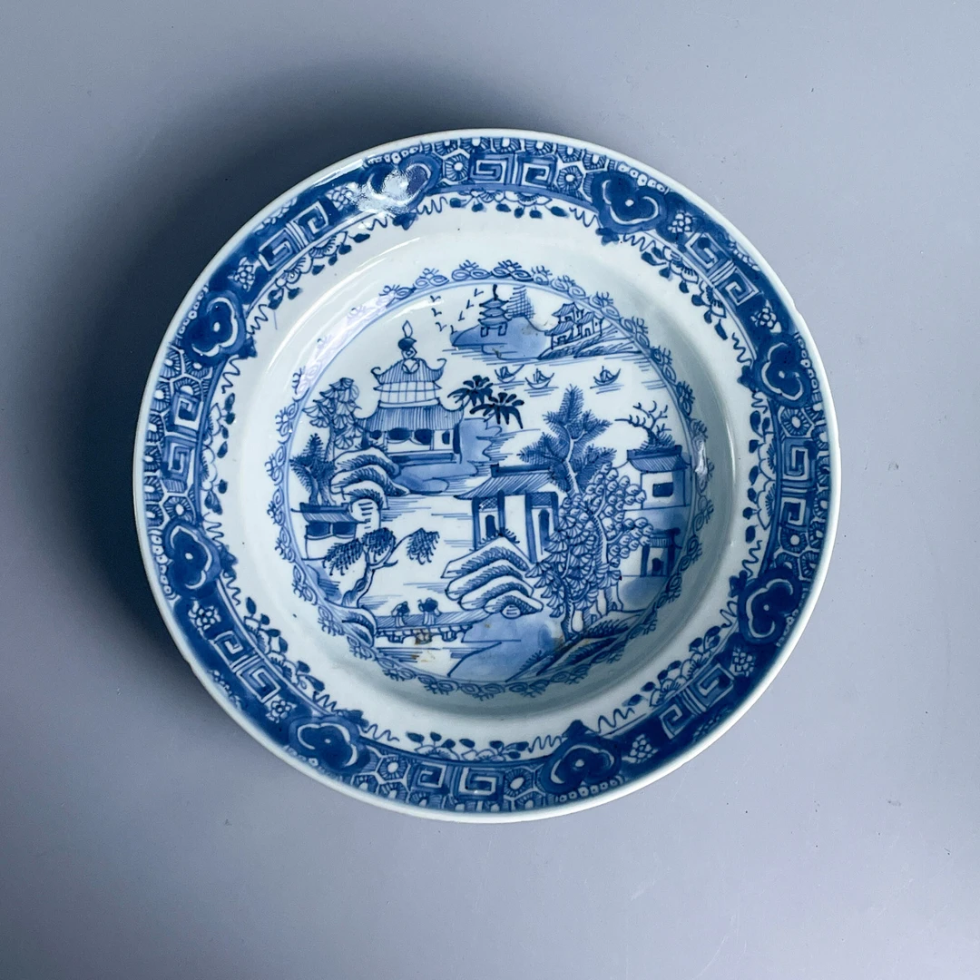 瓷器/古董清乾隆青花亭台楼阁盘-M2XLY006039/收藏/文物/绣花张