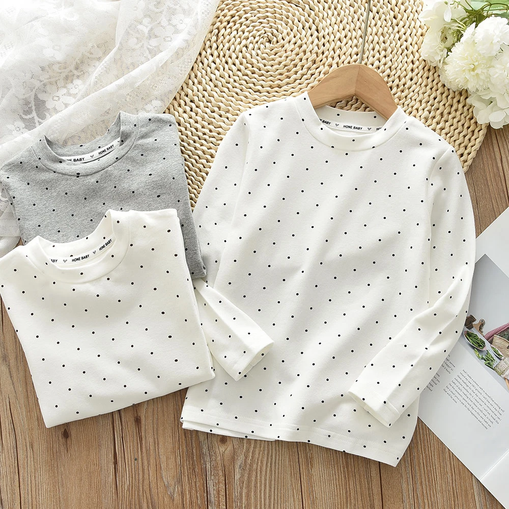 棉质女童百搭打底衫儿童圆领点点长袖T恤衫小女孩白色秋衣上衣新