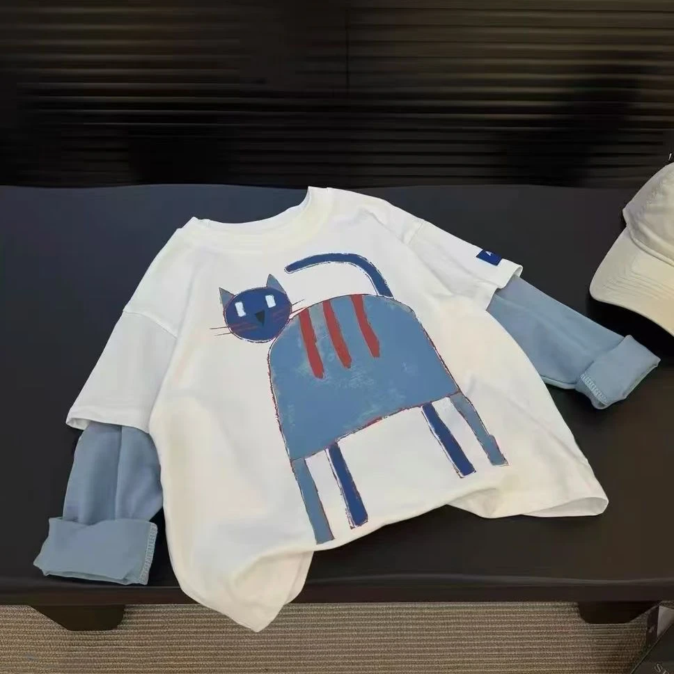 秋季新款打底男女童韩版百搭帅气卡通假两件T恤上衣时尚长袖休闲