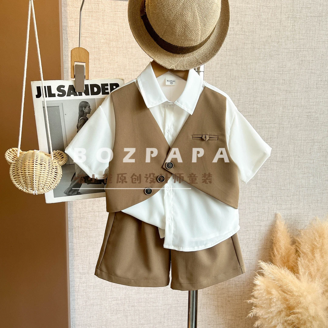 现货啵小爸【咖的留白】2025夏季男童韩系拼接假两件设计衬衫套装