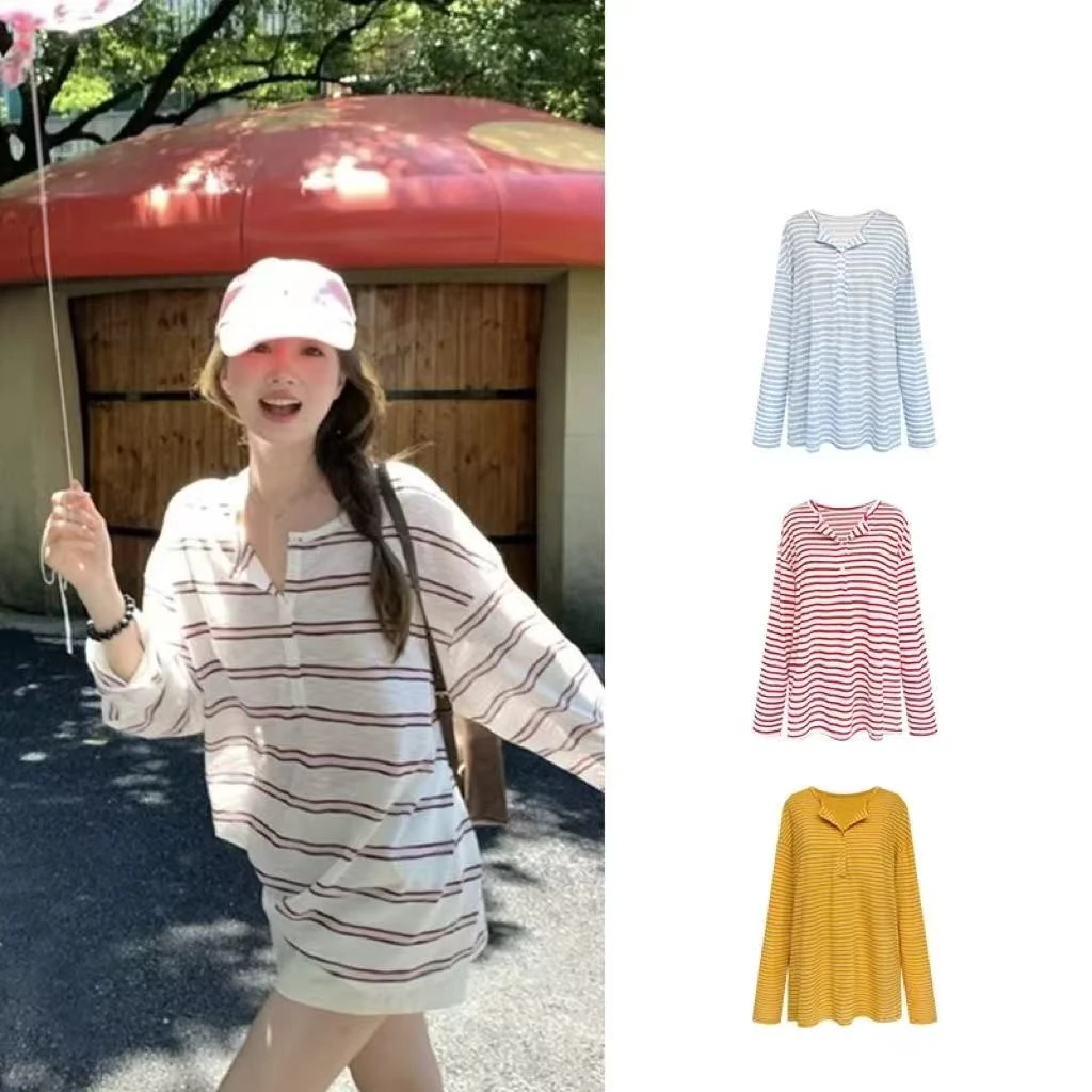 夏日松弛感宽松慵懒条纹长袖防晒衣半开领休闲T恤气质百搭上衣女