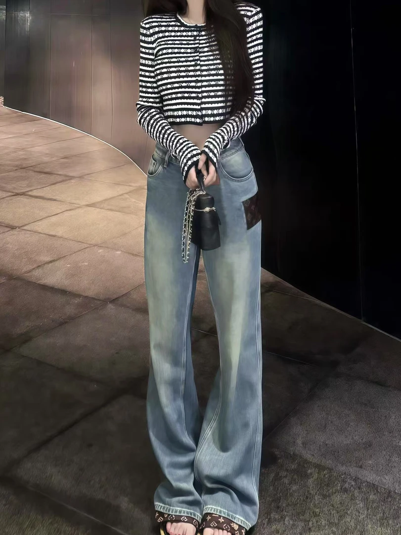 【TONG】低腰复古水洗直筒垂感宽松阔腿牛仔裤（248）