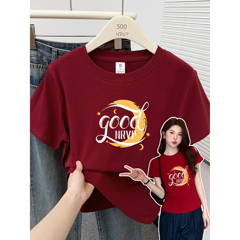 动漫月亮星星印花女装正肩t恤高弹力设计感修身棉大码外穿上衣ins