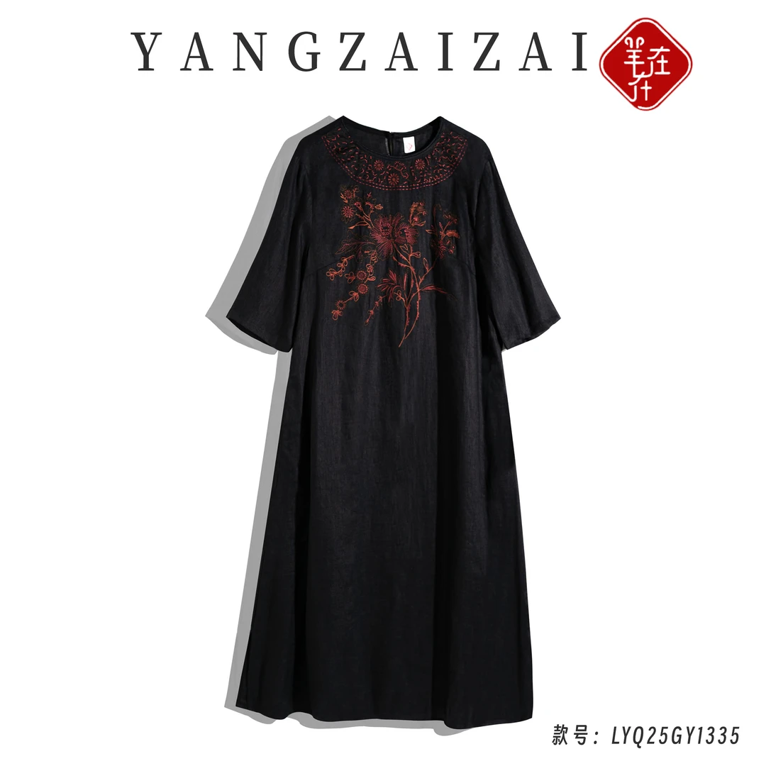 羊在在【状元郎】纯亚麻民族风刺绣裙子显瘦圆领连衣裙LYQ25GY1335