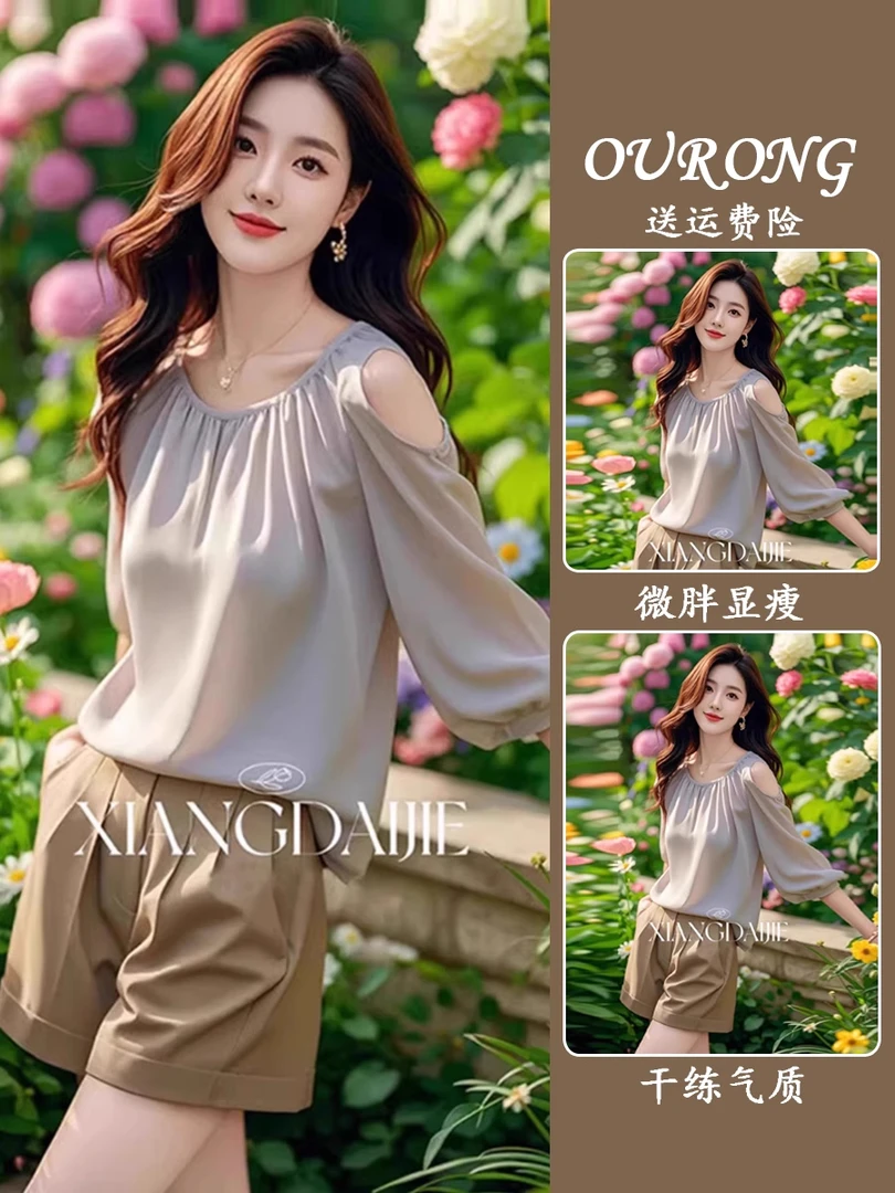 夏季新款休闲搭配一整套灰色雪纺七分袖衬衫短裤显瘦宽松气质时尚