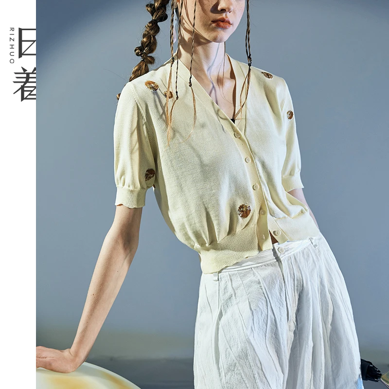 日着原创设计2025春新款薄款新疆棉毛圈月亮短袖针织开衫RD2198M2