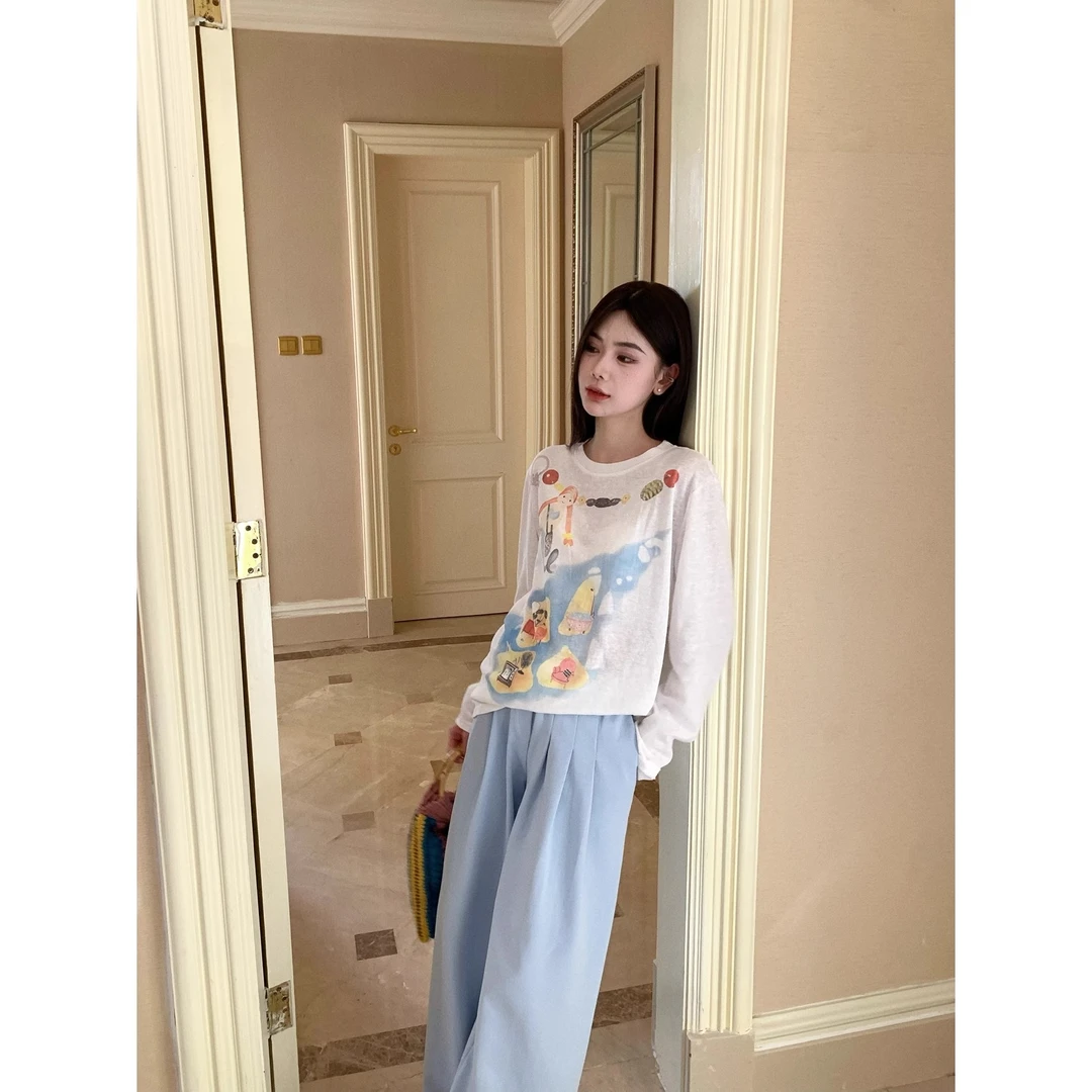 字母印花减龄长袖T恤女小众设计感宽松百搭长袖T恤6801