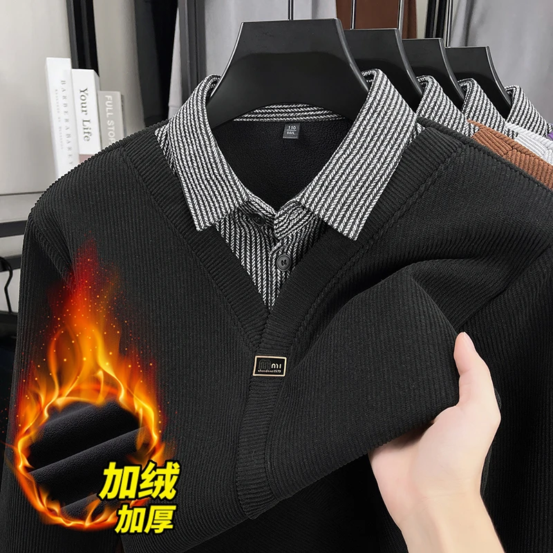 【加绒加厚】冬季男士休闲保暖衬衫领假两件百搭衬衫领打底衫上衣