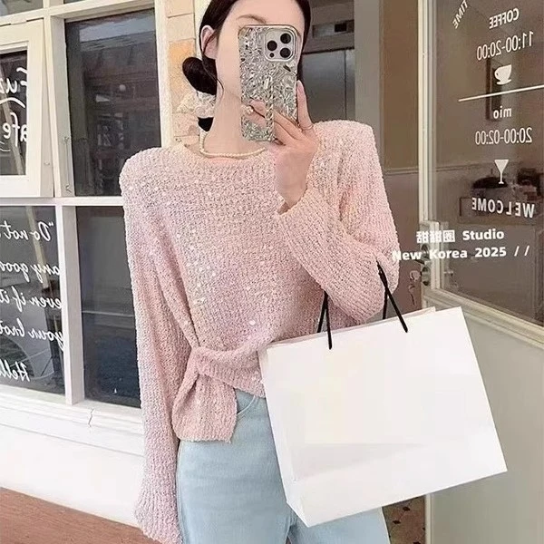 粉色韩系亮片长袖针织衫春秋新款纯色百搭老钱风女装网红上衣镂空