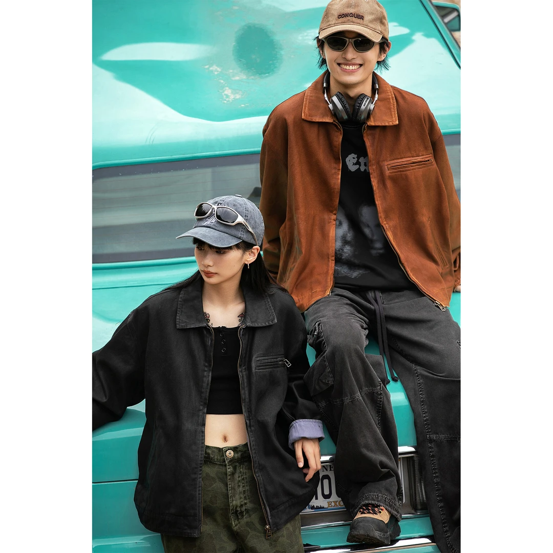 美式复古硬壳宽松工装外套 重磅水洗做旧底特律夹克