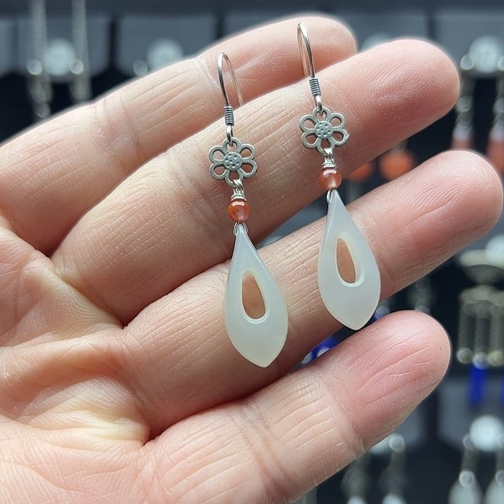 和田玉耳饰银S925镶嵌