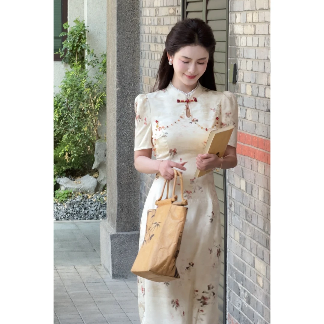 LILI李李家【云中月】国风新中式改良旗袍夏季重工珠链长裙XMZH6169